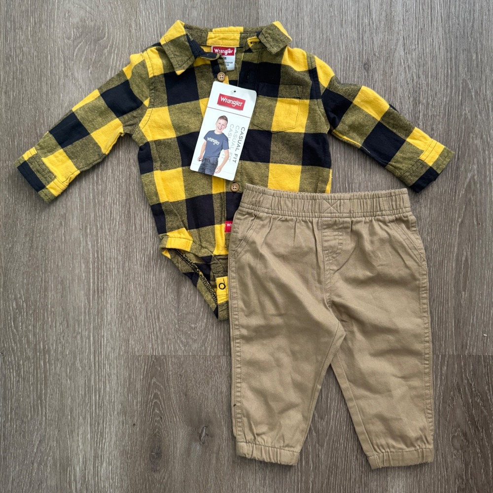 Wrangler Flannel Bodysuit and Jogger Set Boys 12M Yellow Black Buffalo Plaid